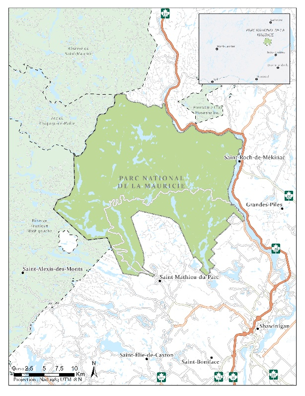 Figure 1 : Localisation et délimitation du territoire couvert par le parc national de la Mauricie.