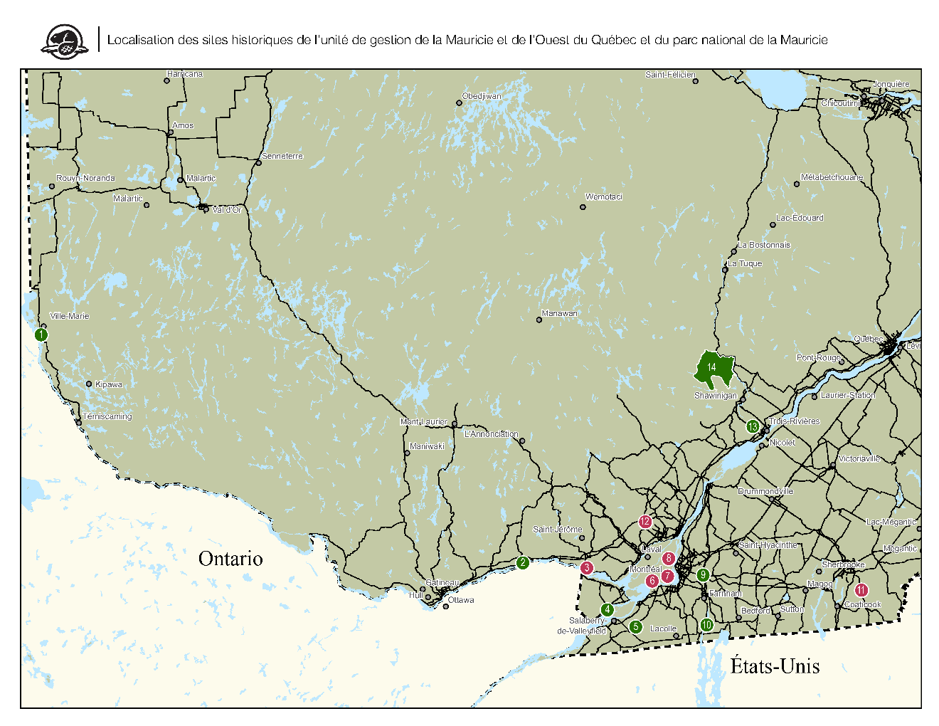 Figure 2. Location of historic sites and La Mauricie National Park, part of the Mauricie and Western Quebec Field Unit. Given the regular presence of species at risk, historic sites part of this action plan are represented by a green dot. Other historic sites are represented by a red dot.  1-Obadjiwan–Fort Témiscamingue National Historic Site, 2- Manoir Papineau National Historic Site, 3- Carillon Barracks National Historic Site, 4-Coteau-du-Lac National Historic Site, 5- Battle of the Châteauguay National Historic Site, 6- Fur Trade at Lachine National Historic Site, 7- Louis-Joseph Papineau National Historic Site, 8- Sir George-Étienne Cartier National Historic Site, 9- Fort Chambly National Historic Site, 10- Fort Lennox National Historic Site, 11- Louis S. St-Laurent National Historic Site, 12- Sir Wilfrid Laurier National Historic Site, 13- Forges du Saint-Maurice National Historic Site, 14- La Mauricie National Park.