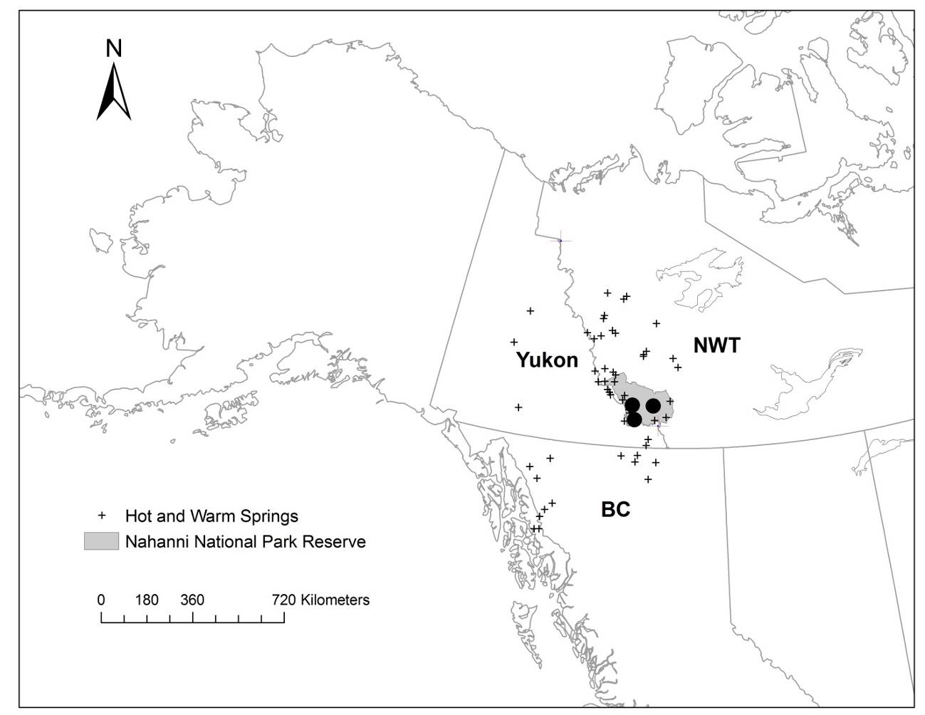 Figure 1: Global range of Nahanni Aster, with black dots representing the approximate locations of Nahanni Aster subpopulations, and crosses representing other hot and warm springs in north-western Canada (reproduced from COSEWIC 2014)