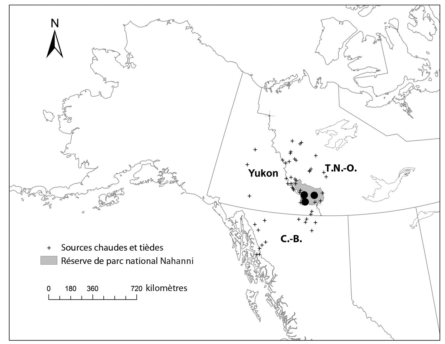 Figure 1 : Aire de répartition mondiale de l'aster de la Nahanni. Les points noirs représentent l'emplacement approximatif des sous-populations de l'espèce, et les croix, l'emplacement d'autres sources thermales situées dans le nord-ouest du Canada (tiré de COSEPAC, 2014).