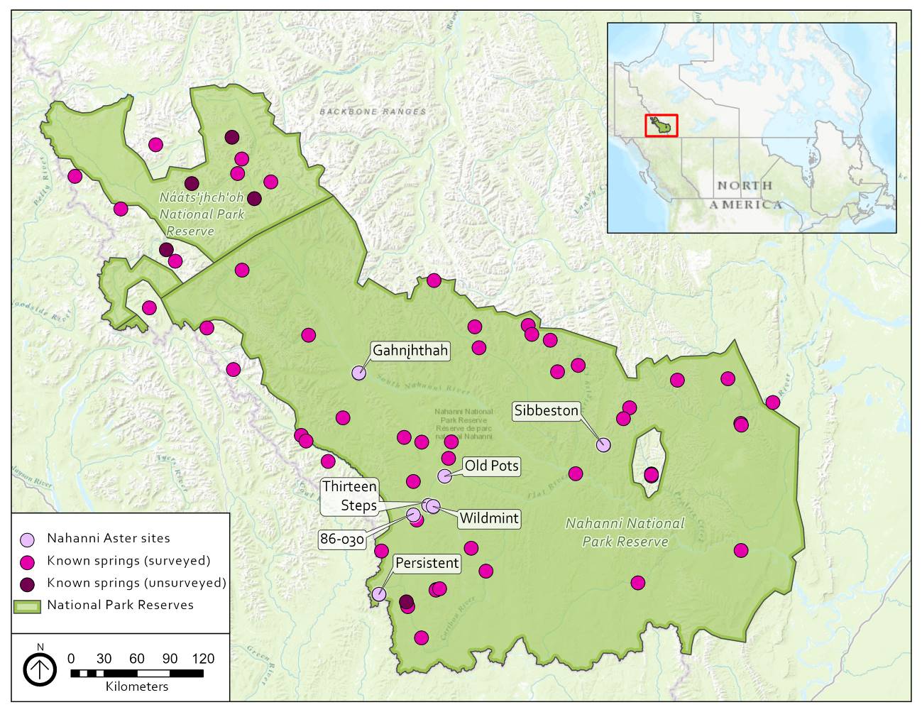 Figure 2: Distribution of the seven Nahanni Aster sites compared to surveyed and un-surveyed known springs (Harris & Foster 2012) in the southern Mackenzie Mountains.
