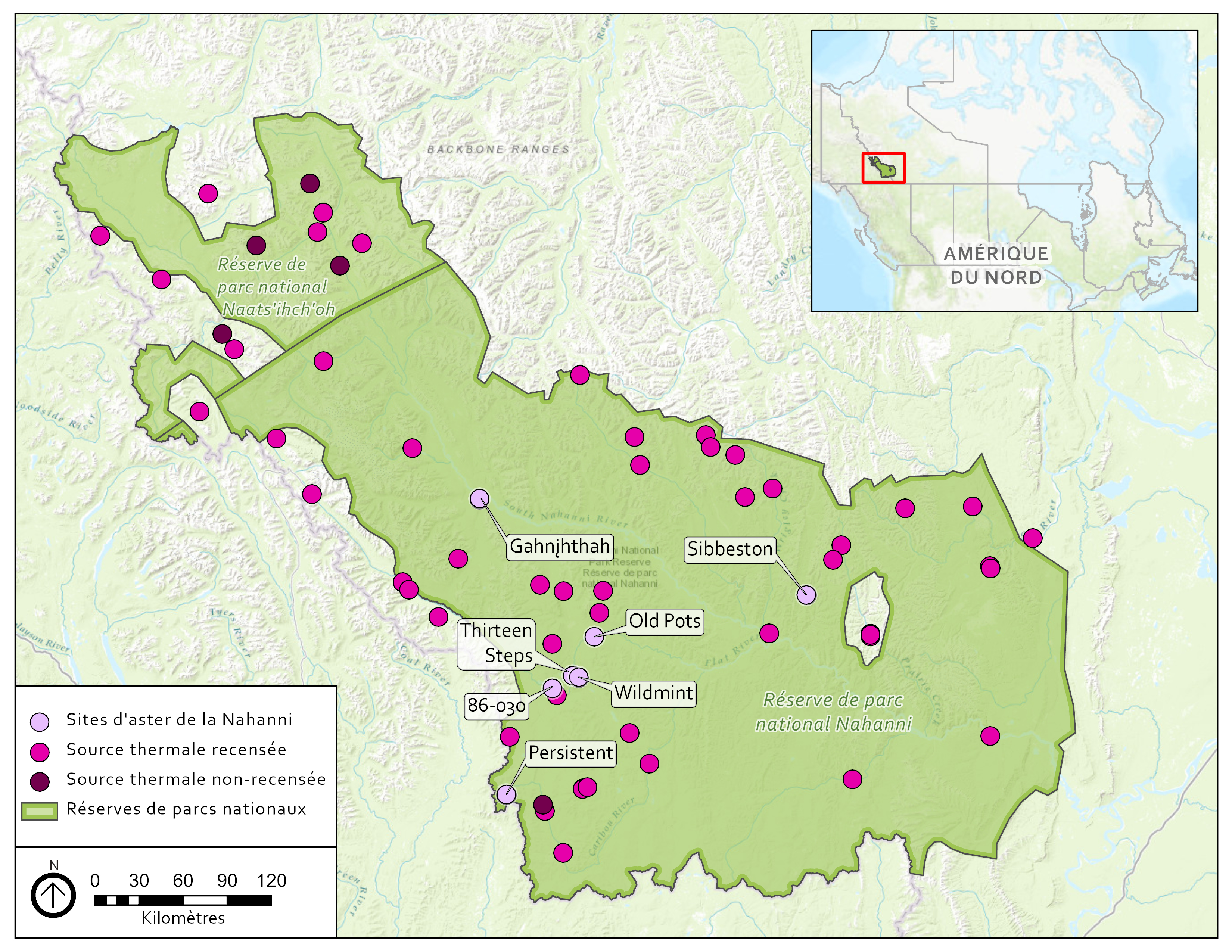 Figure 2 : Répartition des sept sites de l'aster de la Nahanni par rapport aux sources connues ayant fait ou non l'objet d'un relevé (Harris et Foster, 2012) dans le secteur sud des monts Mackenzie.