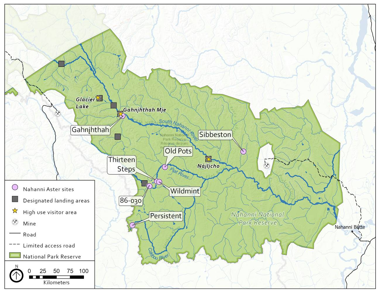 Figure 4: The seven known Nahanni Aster sites, in relation to visitor use and access within Nahanni National Park Reserve
