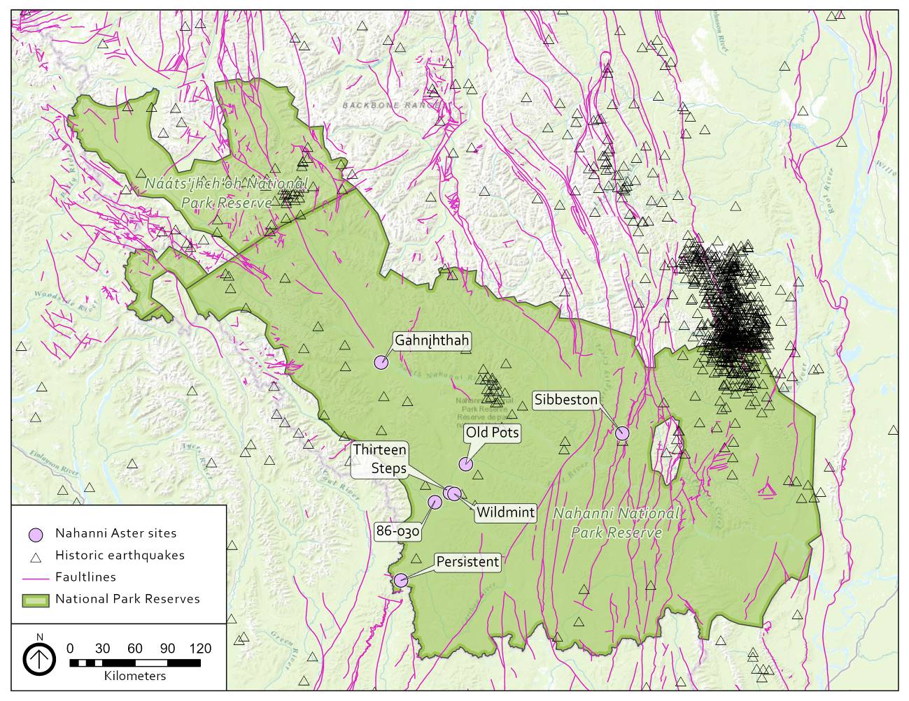 Figure 5: The seven Nahanni Aster sites compared to geologic faults (Okulitch & Irwin 2017) and 1985-2020 earthquake epicentres (Earthquakes Canada 2020) in the southern Mackenzie Mountains