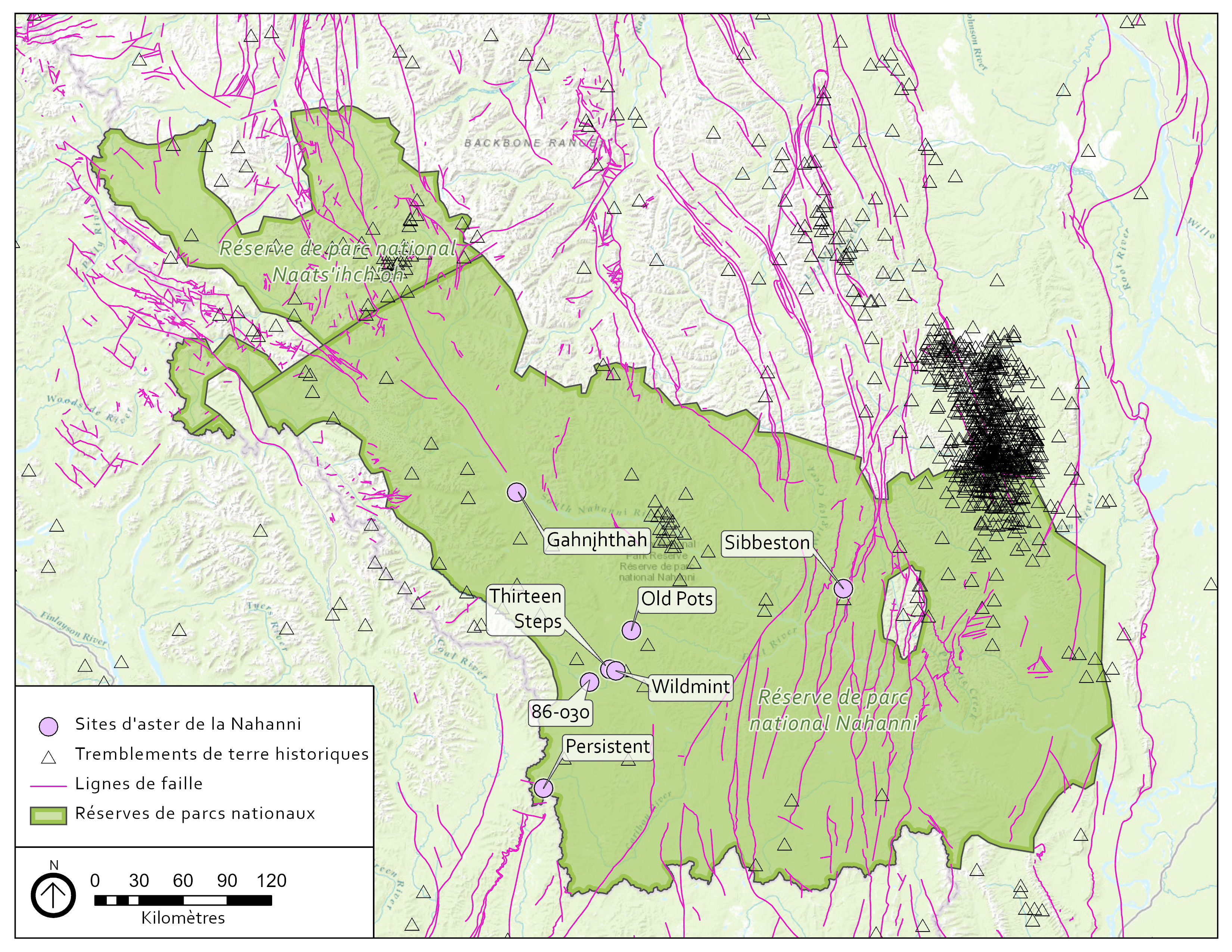 Figure 5 : Comparaison des sept sites de l'aster de la Nahanni avec les failles géologiques (Okulitch et Irwin, 2017) et les épicentres historiques de tremblements de terre de 1985 à 2020 (Séismes Canada, 2020) dans le secteur sud des monts Mackenzie