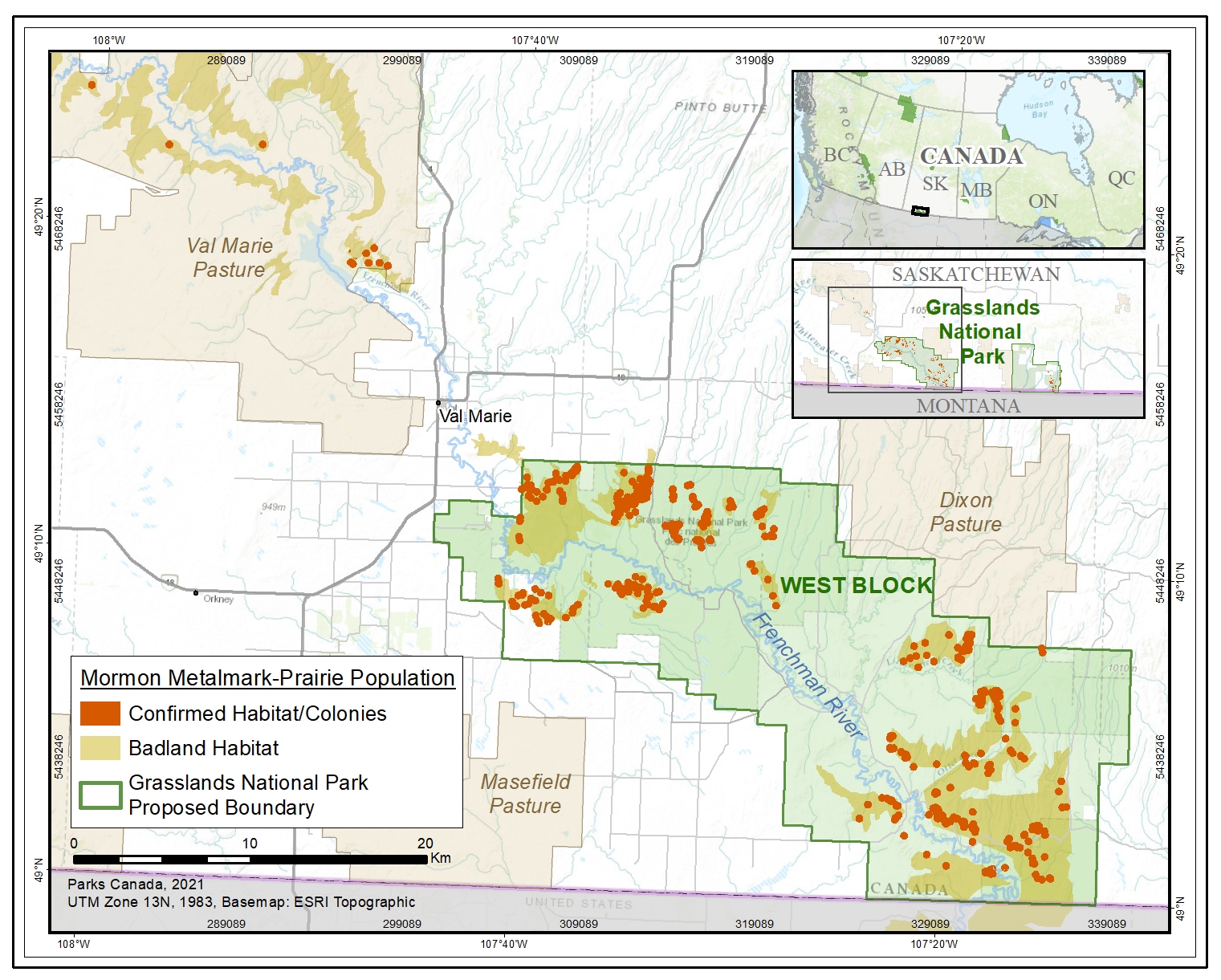 Figure 2. Location and extent of known Mormon Metalmark colonies in the Western part of southern Saskatchewan