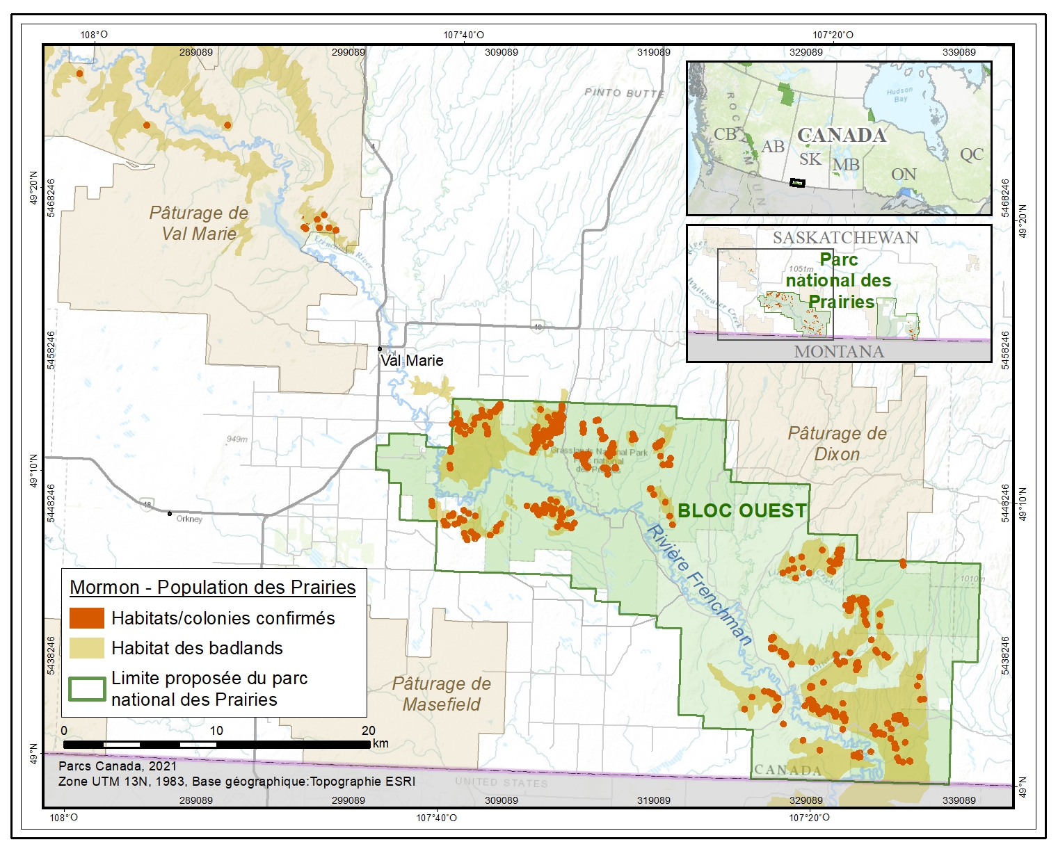 Figure 2. Emplacement et étendue des colonies connues de mormons dans la partie ouest du sud de la Saskatchewan.