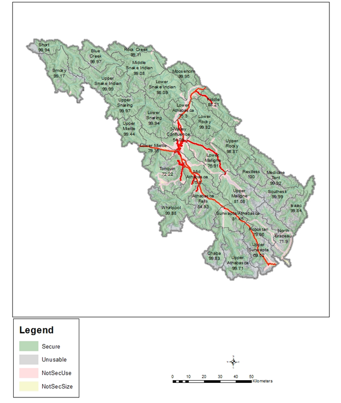 Figure 9. Habitat security in Jasper by Landscape Management Unit in 2017. Each LMU is labelled with percentage of secure habitat.