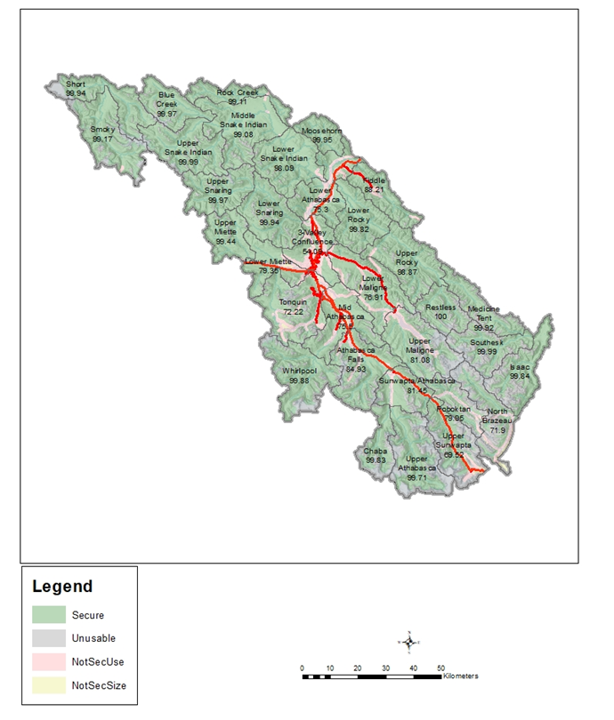 Figure 9. Sécurité de l’habitat à Jasper par unité de gestion du paysage en 2017. Chaque UGP porte une étiquette indiquant le pourcentage d’habitat sûr.