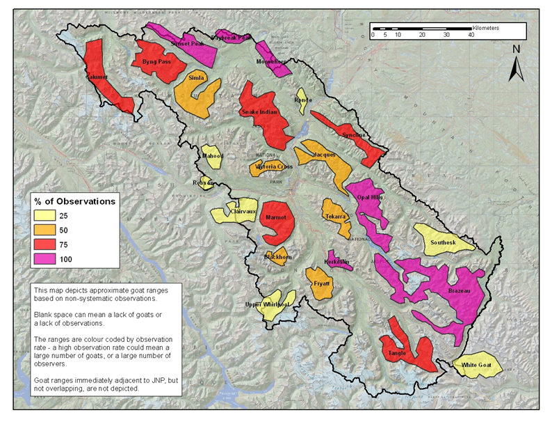 Figure 12. Répartition approximative des chèvres de montagne dans le parc national Jasper, en fonction des observations historiques.