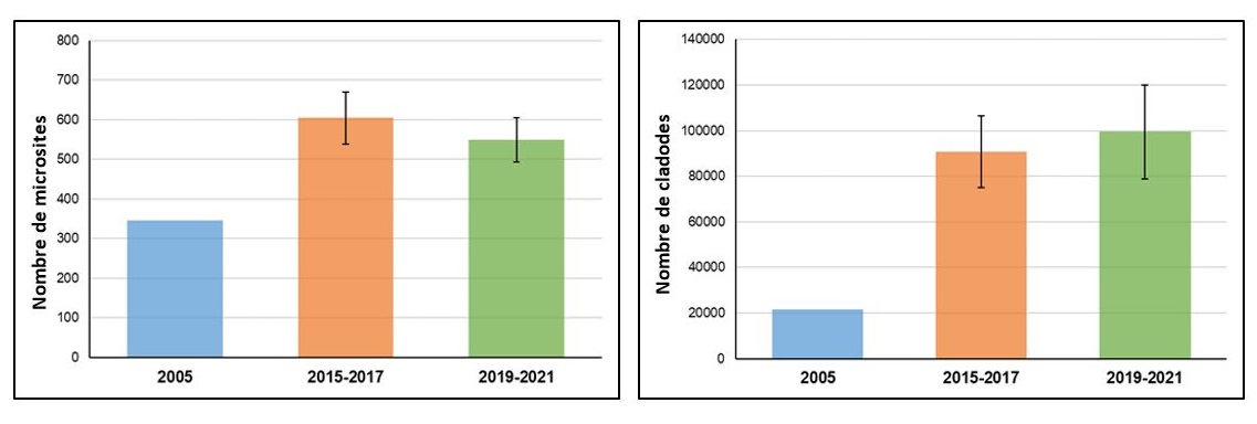 Figure 1 : Estimations du nombre de microsites (à gauche) et du nombre de cladodes (à droite) au sein de la population d’oponces de l’Est dans le parc national de la Pointe-Pelée. Les barres d’erreur représentent l’erreur-type de l’estimation de la population pour les périodes d’échantillonnage de 2015-2017 et de 2019-2021.