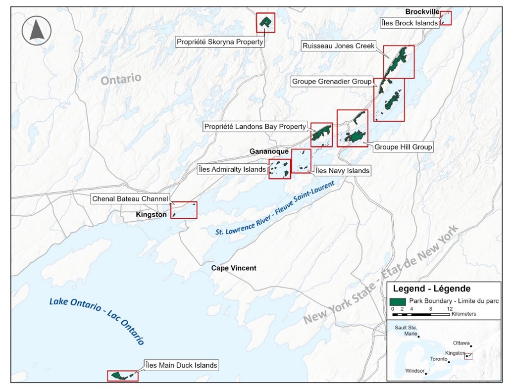 Figure 1 : Portée géographique du Plan d’action visant des espèces multiples dans le parc national du Canada des Mille-Îles.