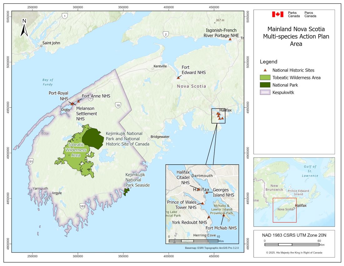 Figure 1. An overview of the geographic scope of this plan - KNPNHS, Kejimkujik Seaside, and the nine NHSs and one NHE in Mainland Nova Scotia - as well as the surrounding geographic area of the Kespukwitk district, including the Tobeatic Wilderness Area.