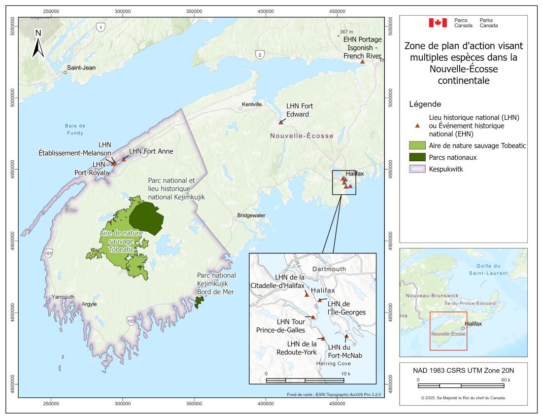 Figure 1 : Aperçu de la portée géographique de ce plan (PNLHNK, Kejimkujik Bord de mer ainsi que neuf LHN et un événement historique national de la Nouvelle-Écosse continentale) et de la zone géographique environnante du district de Kespukwitk, y compris l’aire de nature sauvage Tobeatic.